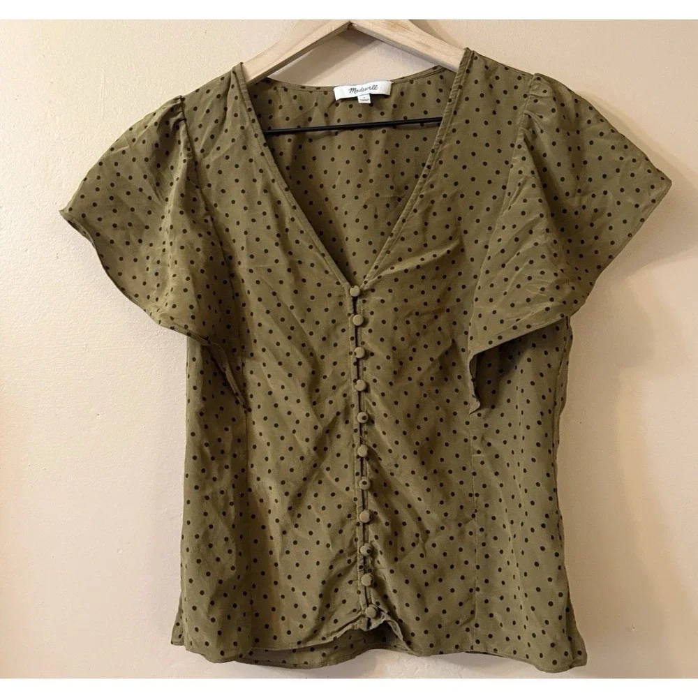 Madewell Carmelina Flutter Sleeve Polka Dot Blouse 100% Silk Size 10‎